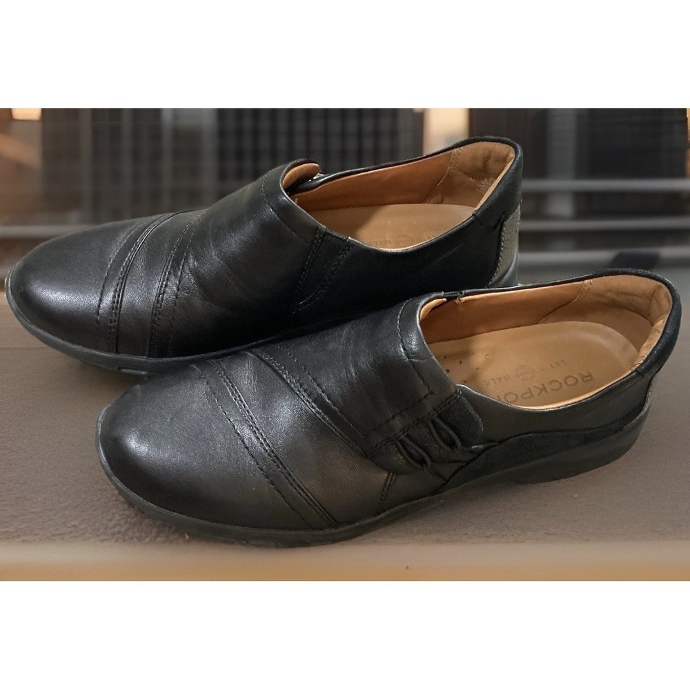Rockport Crofton Black Leather Slip On Shoes Women's 7.5 Comfort Work Walking